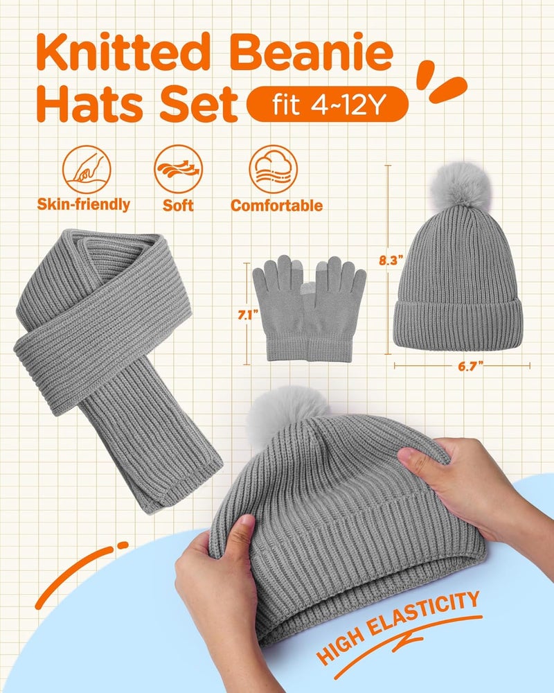 Wandx Kids Winter Hat Gloves Scarf Set Children Pompom Knit Beanie Warm Gloves with Thick Fleece for Boys Girls Ages 4-12 - Image 4